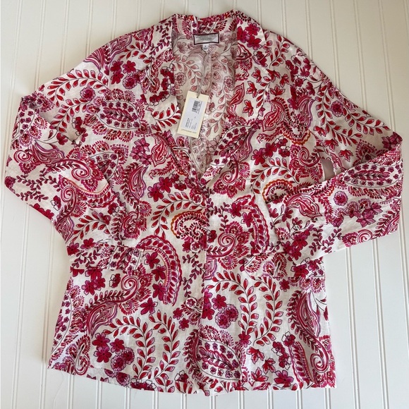 Johnny Was Womens Small Red White Floral 100% Linen Blazer Jacket NEW 1172 - Picture 1 of 4